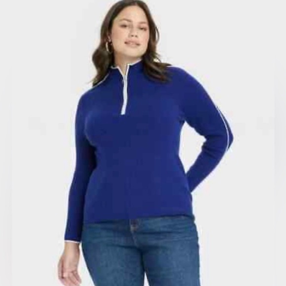 Ava & Viv Mock Neck Knit Pullover Quarter Zip Sweater Blue + Piping - Picture 1 of 5